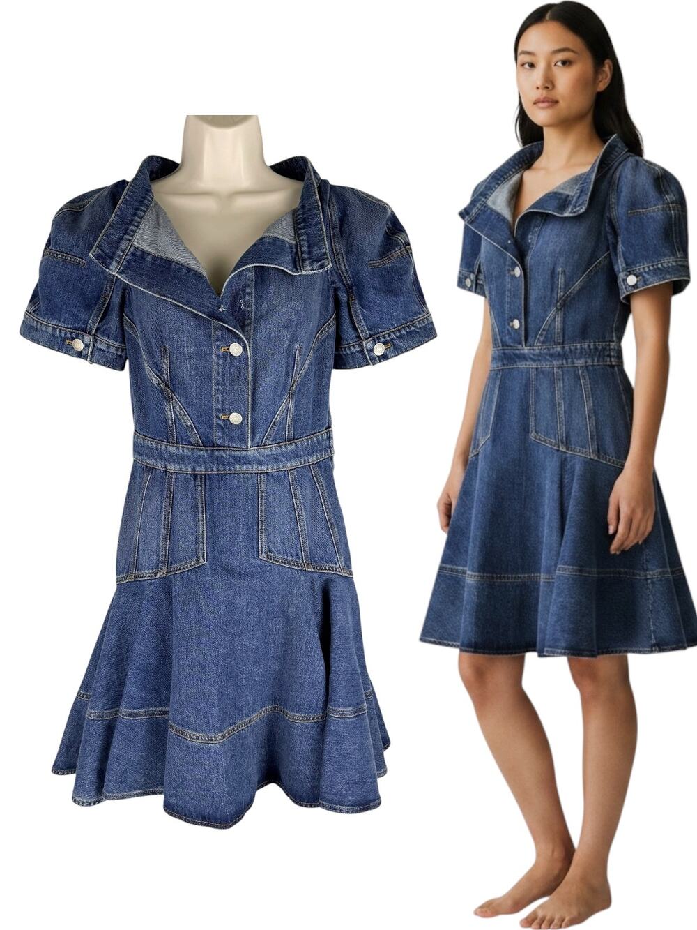 Alexander Mcqueen Denim Puff Sleeve Flare Short Dress Blue Size 40